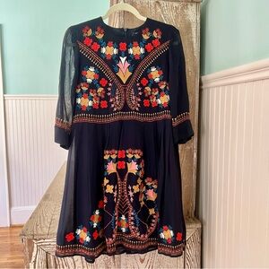French Connection Navy Dress with Embroidered Detail Size 8